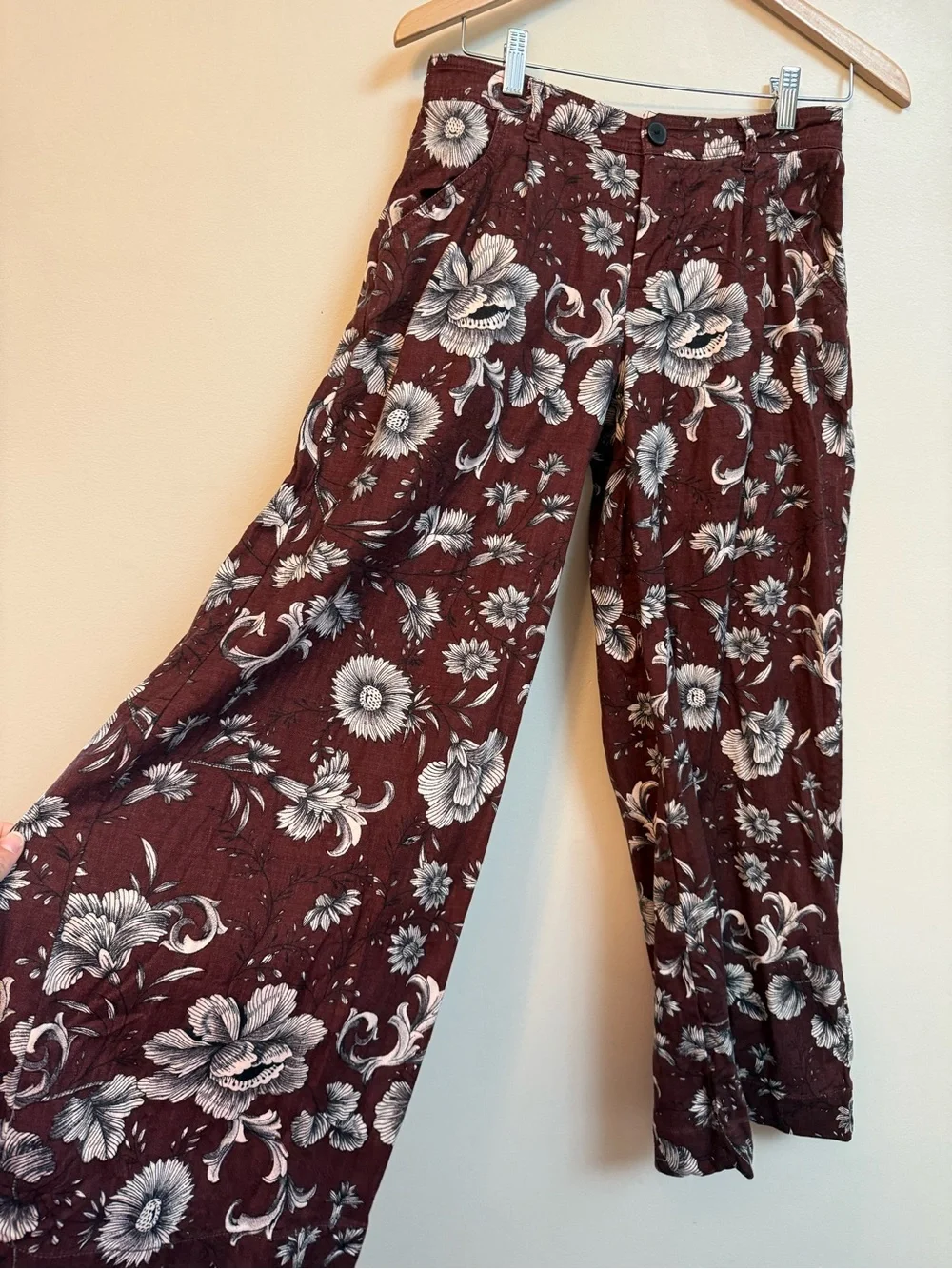 Anthropologie Low Rise Wide-Leg Floral Linen Blend Trouser Pants